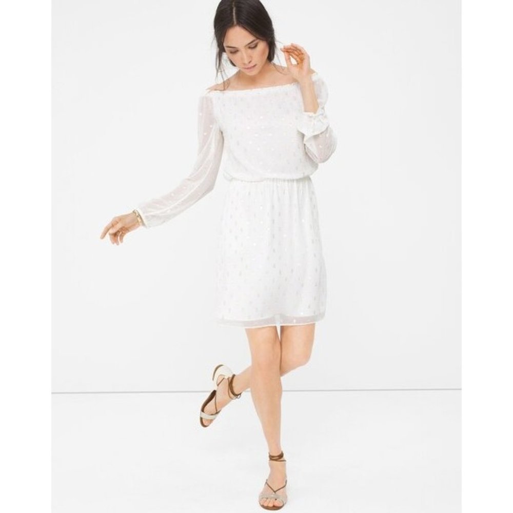White House Black Market Jacquard Boho Dress Off the Shoulders Sz XS White/Gold
